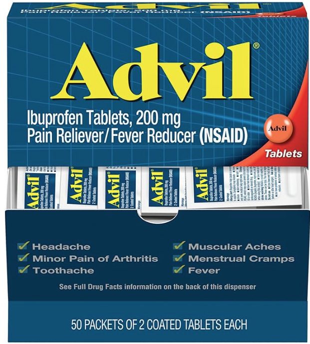 Advil ibuprofen tablets packaging for pain relief.