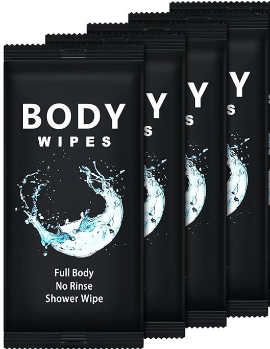 Black packets of Body Wipes with splash water design.