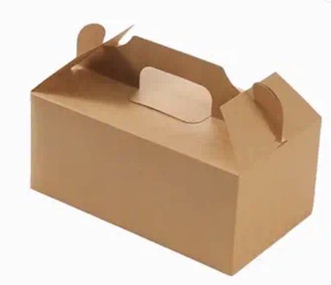 A brown cardboard box with a handle and an open lid.