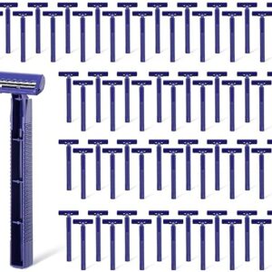 A collection of blue disposable razors arranged in rows with one standing out.