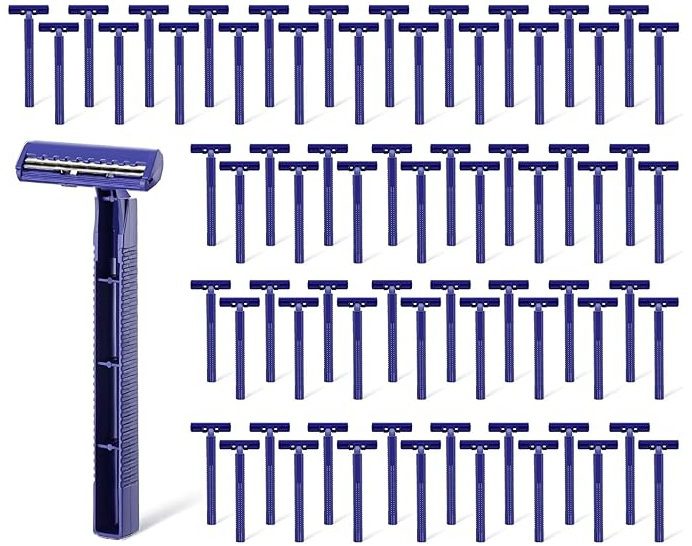 A collection of blue disposable razors arranged in rows with one standing out.