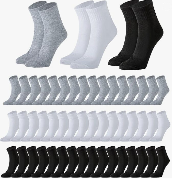 A collection of gray, white, and black ankle socks arranged in rows.