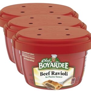 Three containers of Chef Boyardee Beef Ravioli.