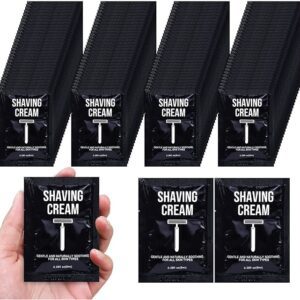 Seven black packages of shaving cream labeled 'Shaving Cream T'.
